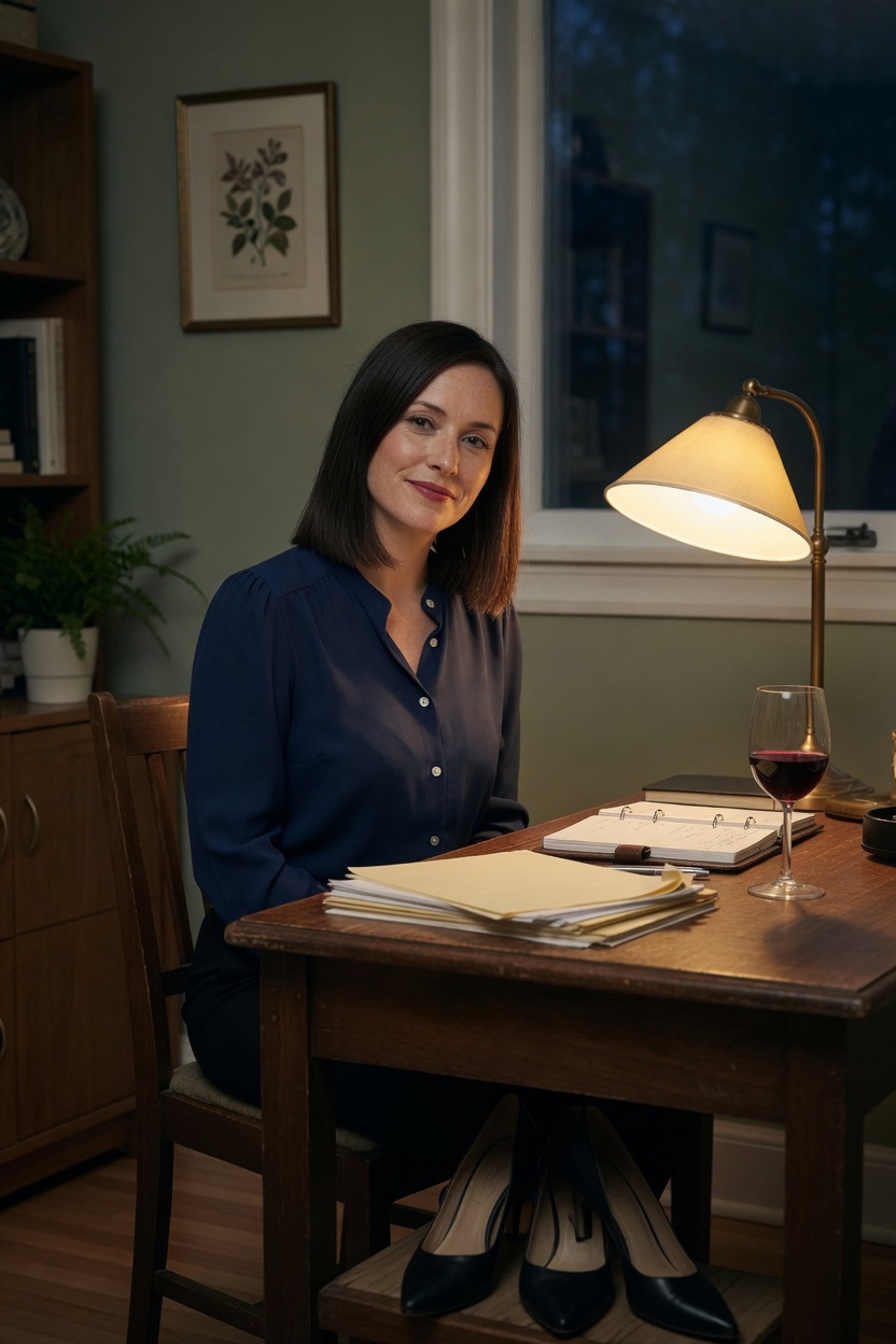 Denise at a home desk at night in a navy blouse, straight dark bob, lamp on, shoes under the desk.