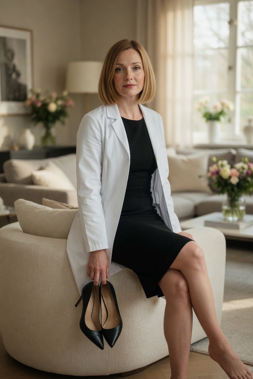 Diana on a living-room chair, white coat open over a black dress, heels in her hand.