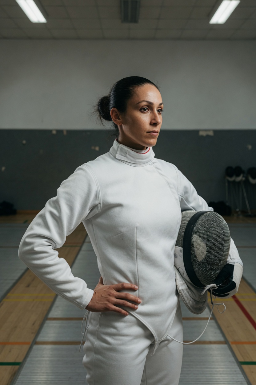 Dominique in a plain white fencing jacket with no lettering, mask under one arm, standing on an indoor piste.