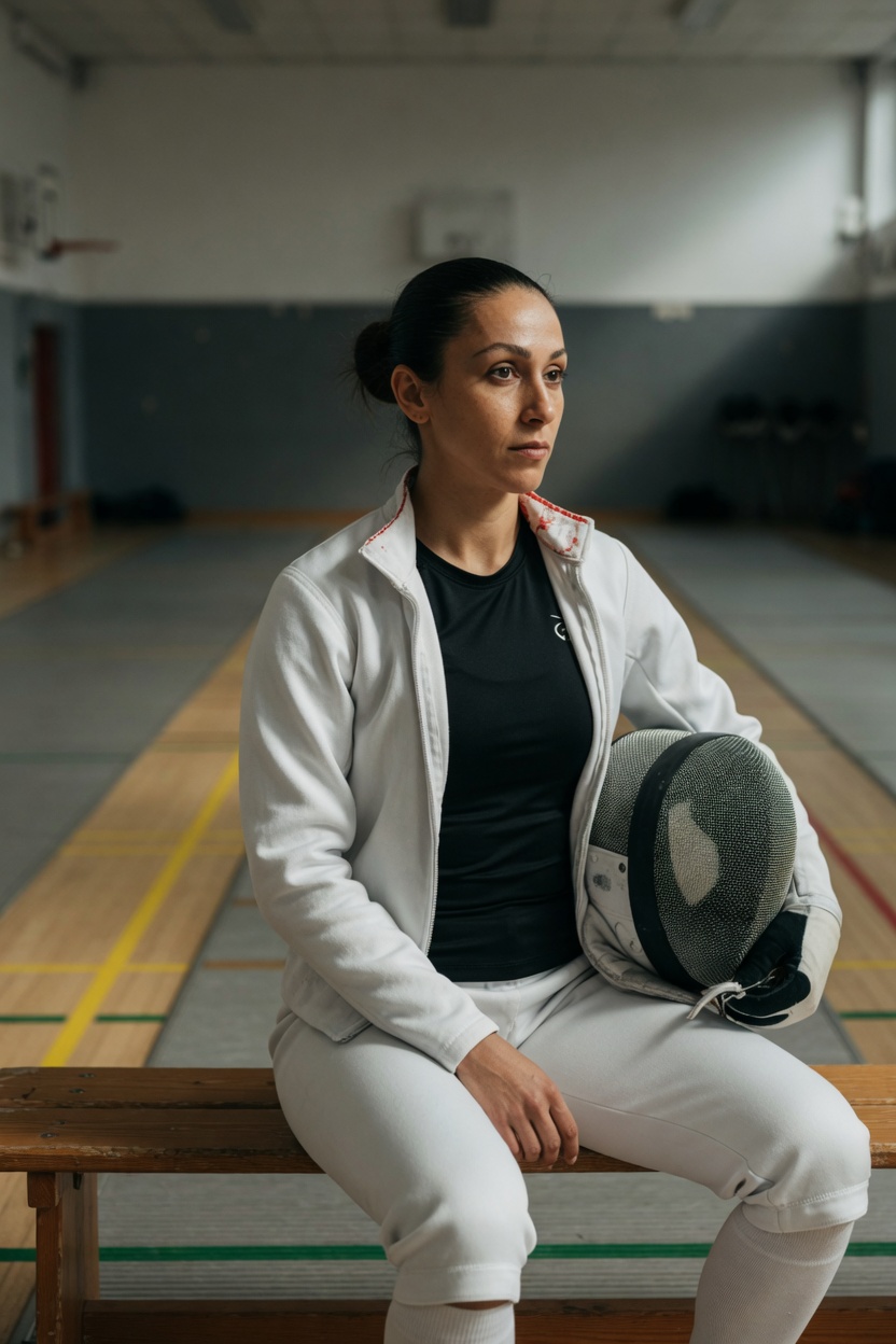 Dominique seated on a bench, jacket unzipped over a black shirt, mask on the bench, piste empty behind her.