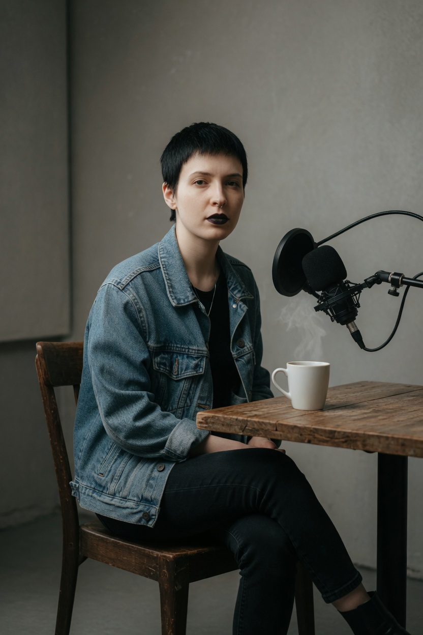 Echo with short black hair and dark lipstick, denim jacket, seated at a small table, a microphone pushed aside, no readable screen.