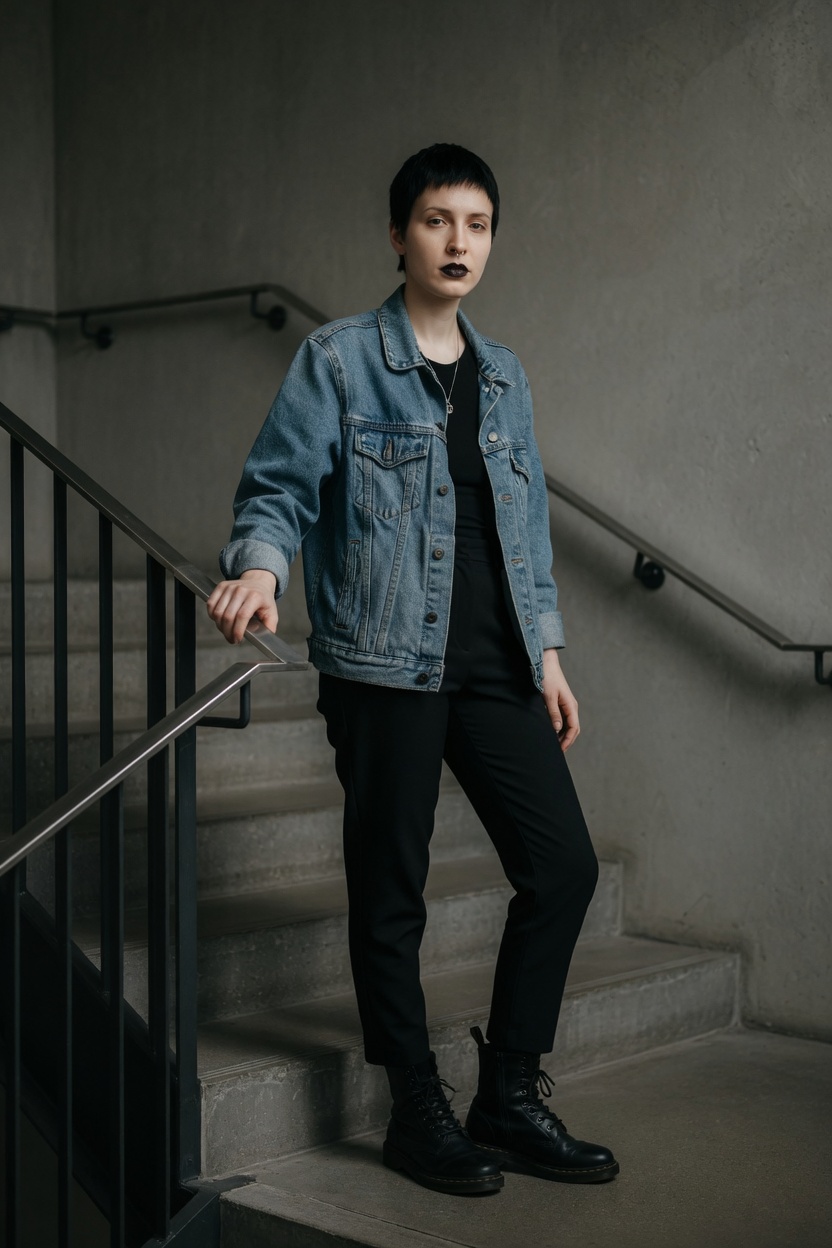 Echo in a denim jacket and boots, short hair, standing on an indoor stair landing, one hand on the rail.