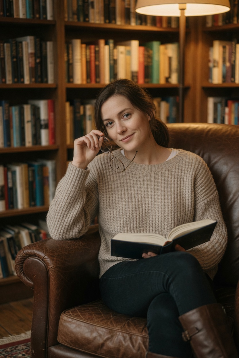 Eloise in the oatmeal sweater, curled in a reading chair, glasses in her hand, books blurred behind her.