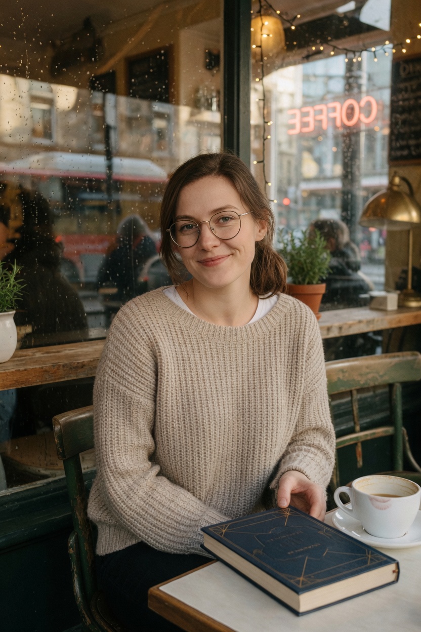 Eloise in an oatmeal sweater and round glasses, seated at a cafe table with a closed book and a coffee.