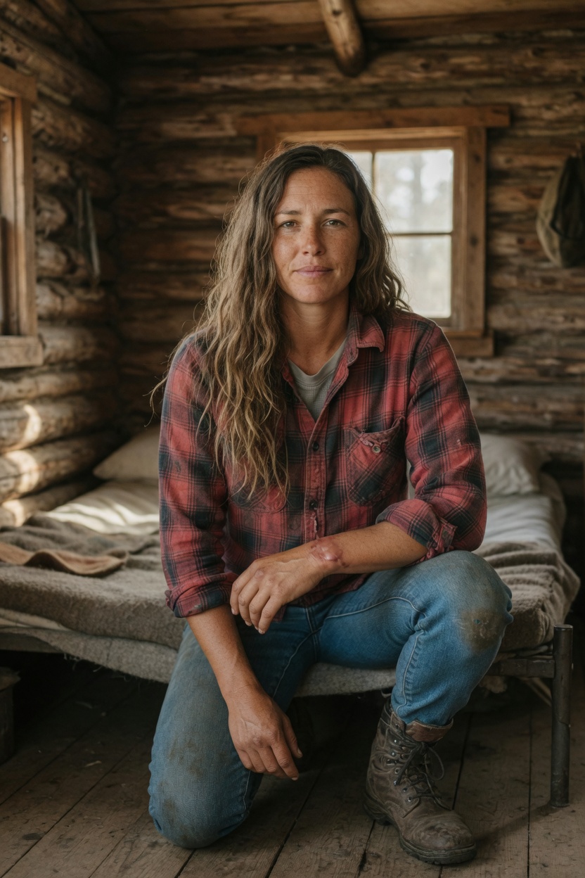 Embery in a flannel shirt and jeans, braid undone, seated on a narrow cot in a wood cabin.