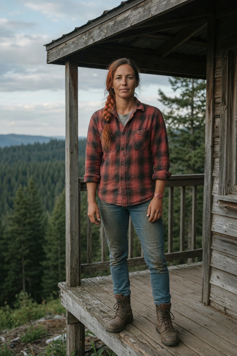 Embery with an ash-brown braid, flannel shirt, standing on the porch of a small lookout cabin, trees below.