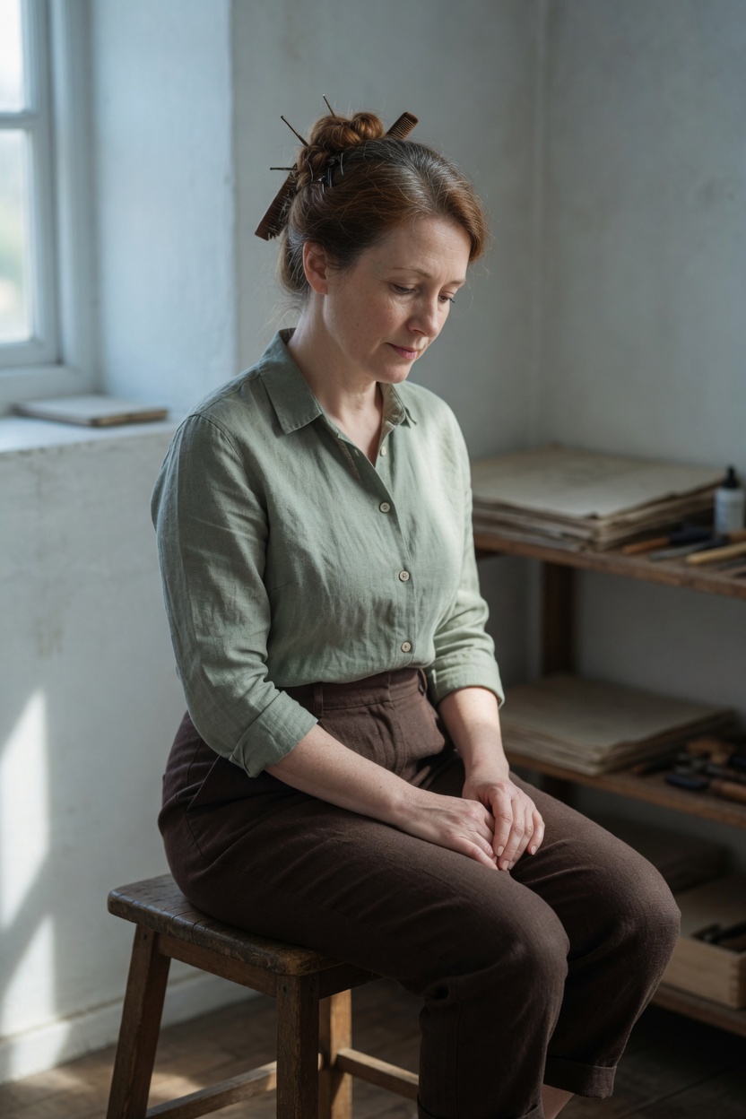 Estelle on a workshop stool, apron off, linen shirt, hands in her lap, north window light.