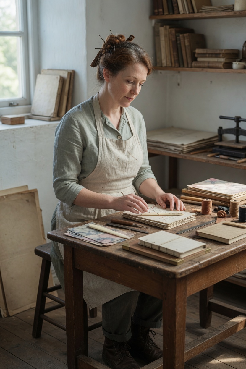 Estelle at a wooden binding bench, linen apron, auburn hair with grey pinned up, thread and boards on the table.