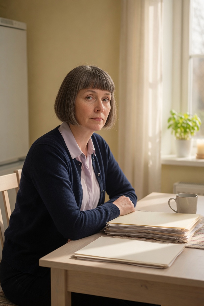 Evelyn with a blunt grey-brown bob, navy cardigan, seated at a kitchen table, papers face-down, morning.