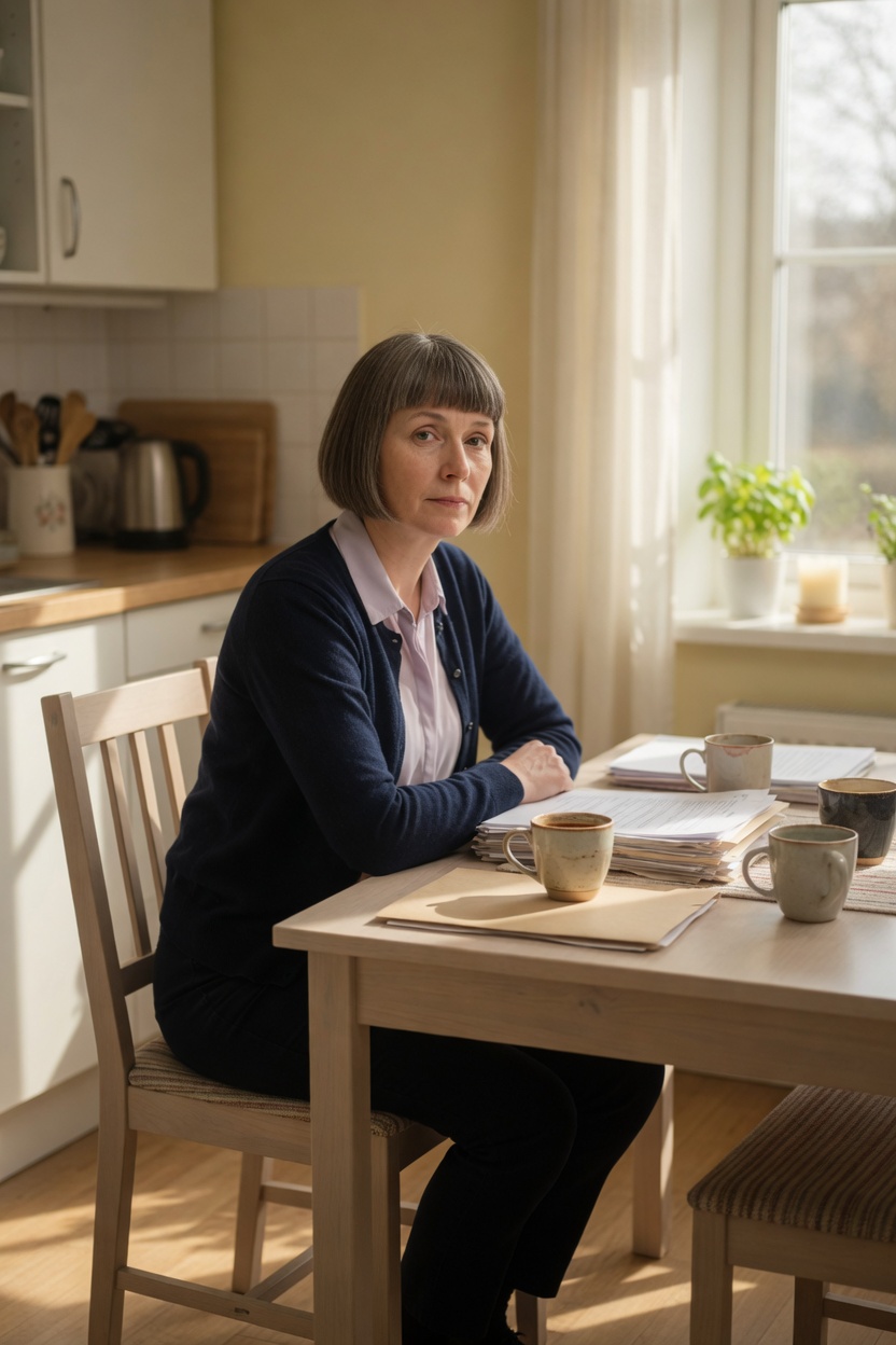 Evelyn at the same table in the cardigan, three coffee cups, sunlight, empty chairs pulled out.