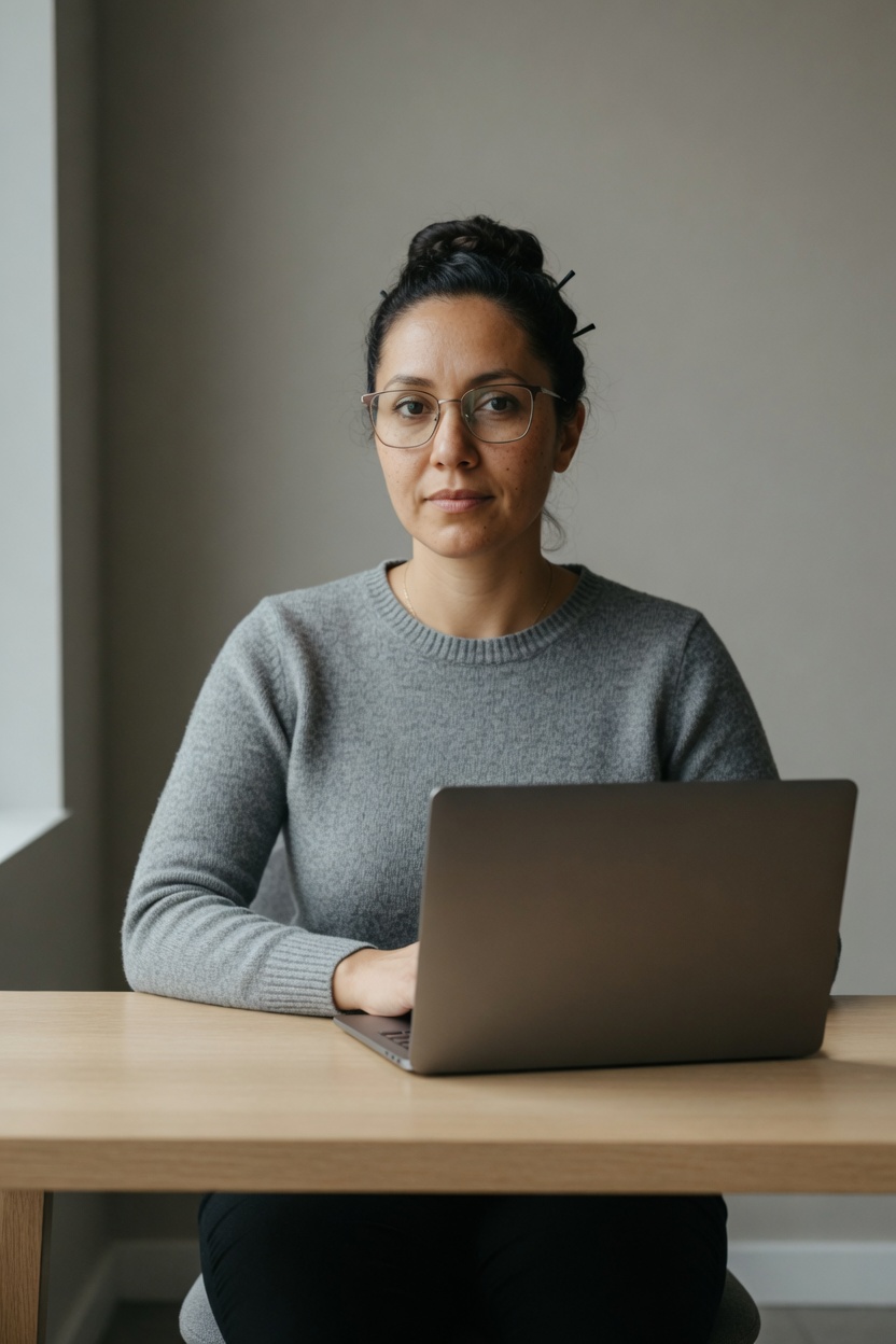 Fable with olive skin, glasses, and a grey sweater, seated at a plain desk, laptop closed, no readable text.