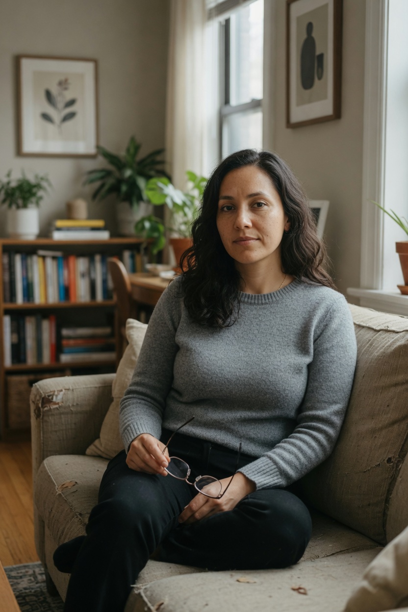 Fable in a grey sweater, hair down, glasses off in her hand, seated on a sofa in a small apartment.