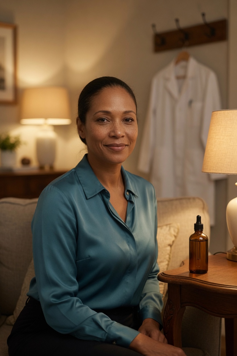 Fatima at home in the teal top, white coat on a hook, oil bottle on a side table, evening lamp.