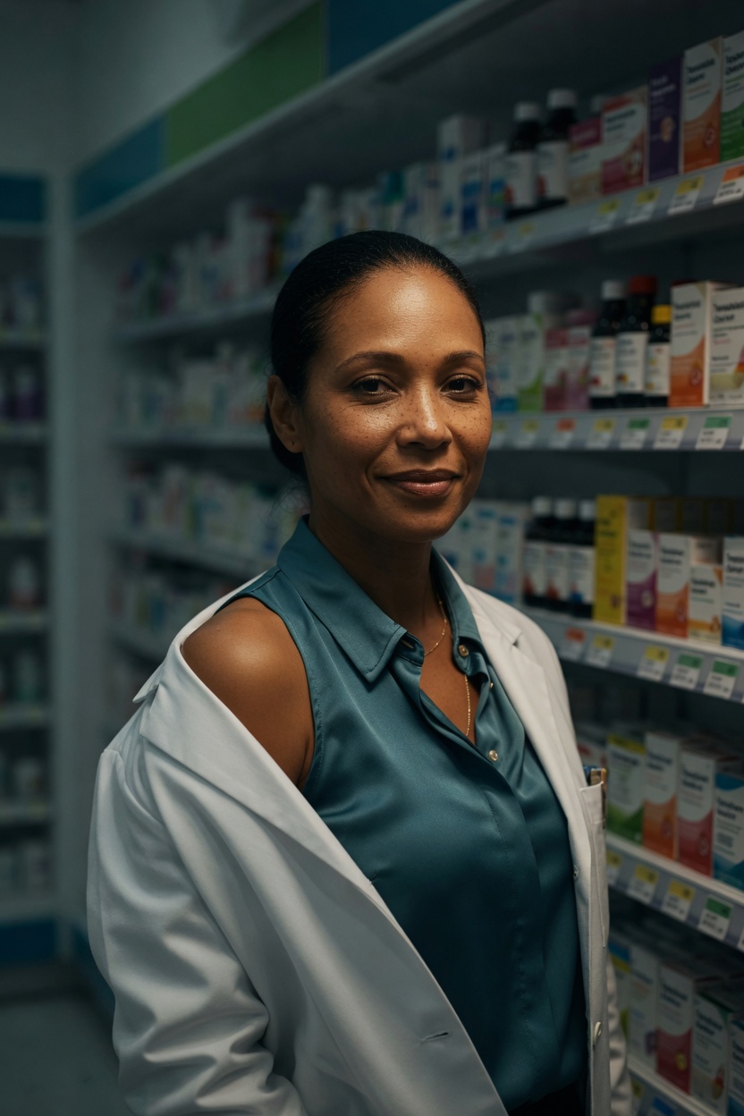 Fatima in a white coat over a teal top, hair pulled back, coat half off, in a closed pharmacy with labels blurred.