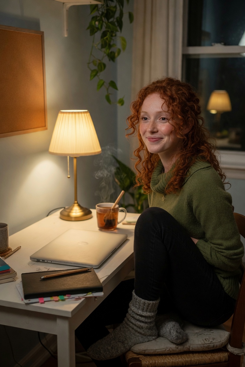 Faye with curly red hair, green sweater, seated at a home desk, laptop closed, stockings, shoes off.