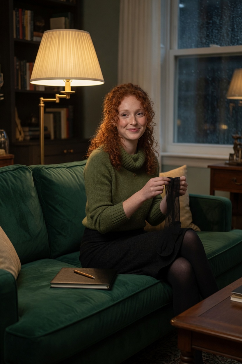 Faye on a sofa in the green sweater, one stocking in her hand, lamp on, notebook closed.