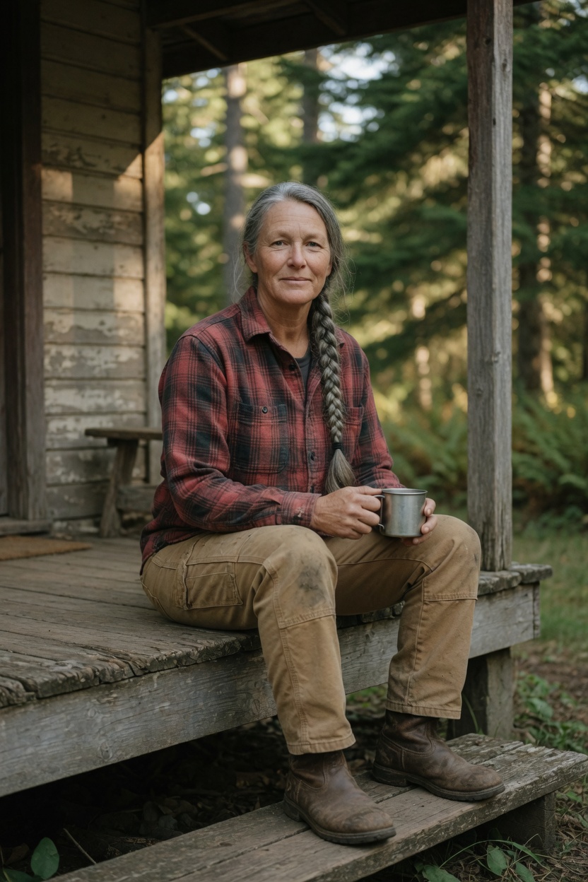 Fern in a flannel shirt and boots, grey braid, seated on a cabin porch with a tin mug, trees behind her.