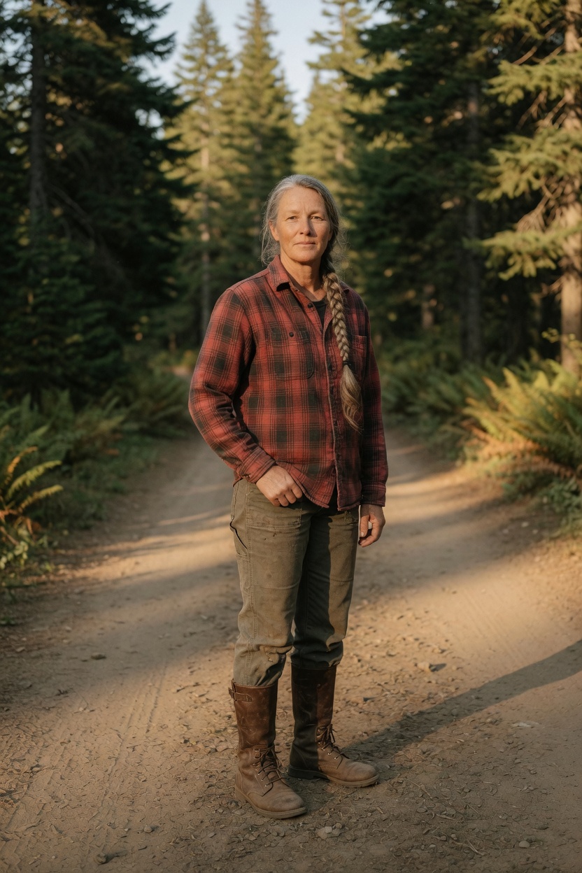 Fern with a long grey braid, flannel shirt and canvas pants, standing on a dirt fire road in late light.