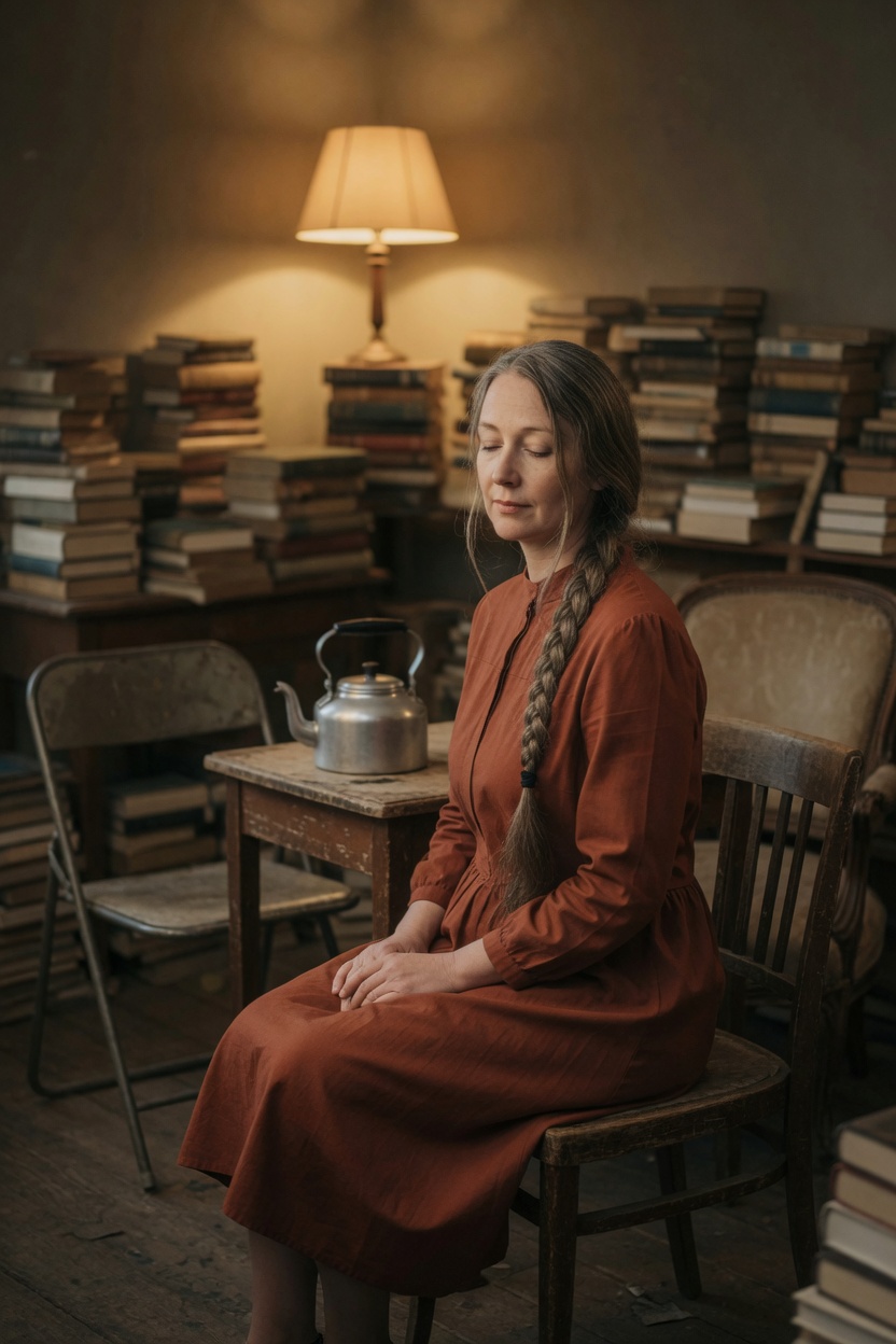 Frances seated in the shop back room, rust dress, three chairs, a kettle, books blurred.