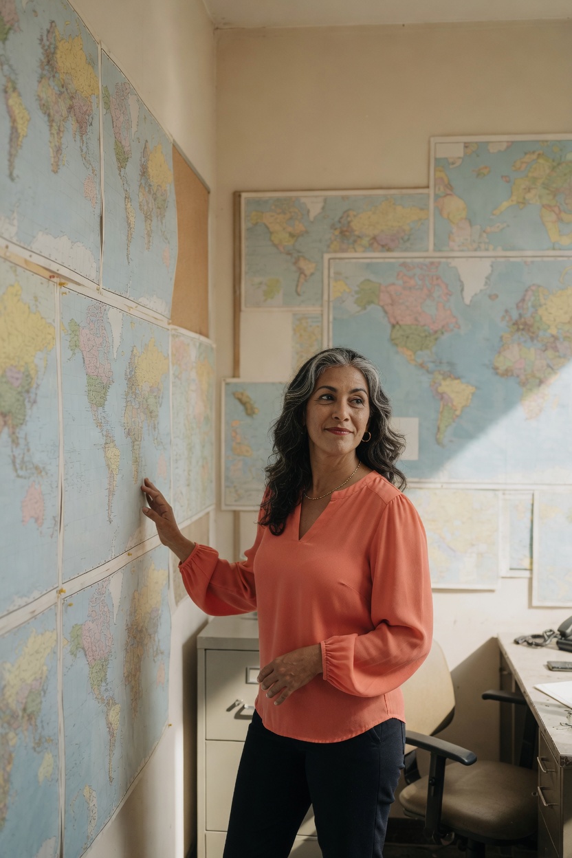 Gloria with silver-streaked dark waves, coral blouse, standing by a wall of maps with no readable names, office empty.
