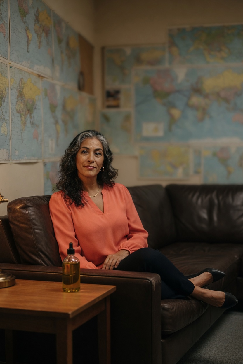 Gloria on an office sofa, coral blouse, shoes off, a small bottle of oil on the table, maps soft behind.