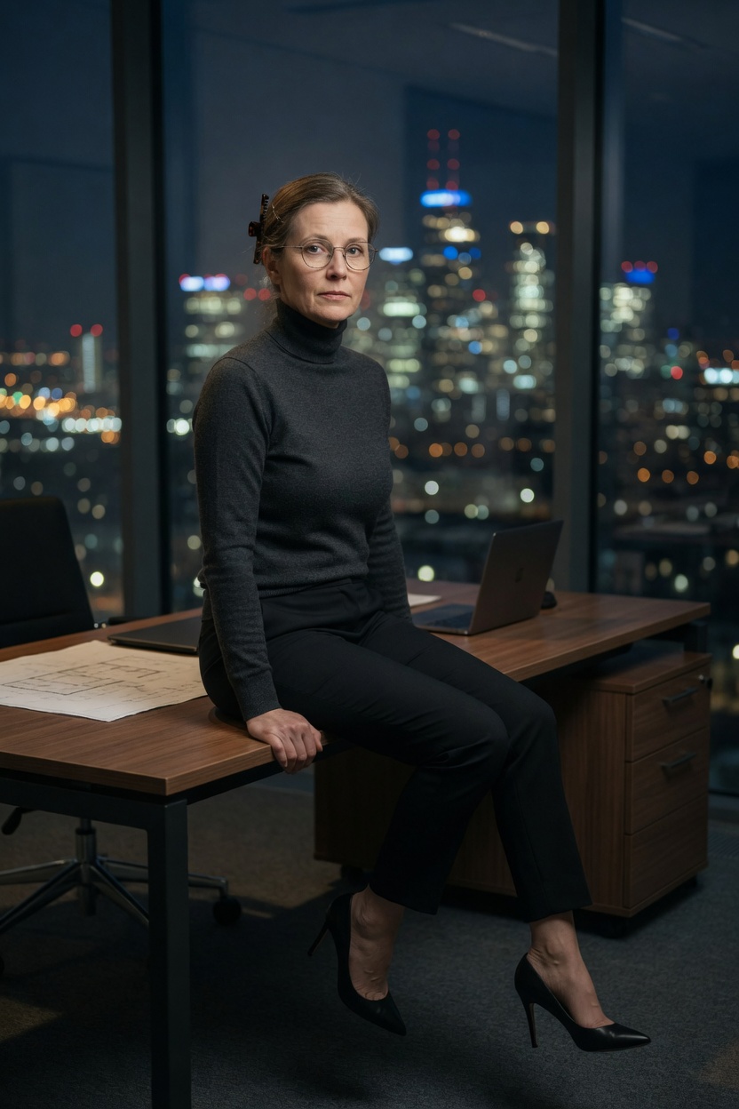 Greta seated on the edge of her office desk, charcoal turtleneck, one heel off, city dark in the window.