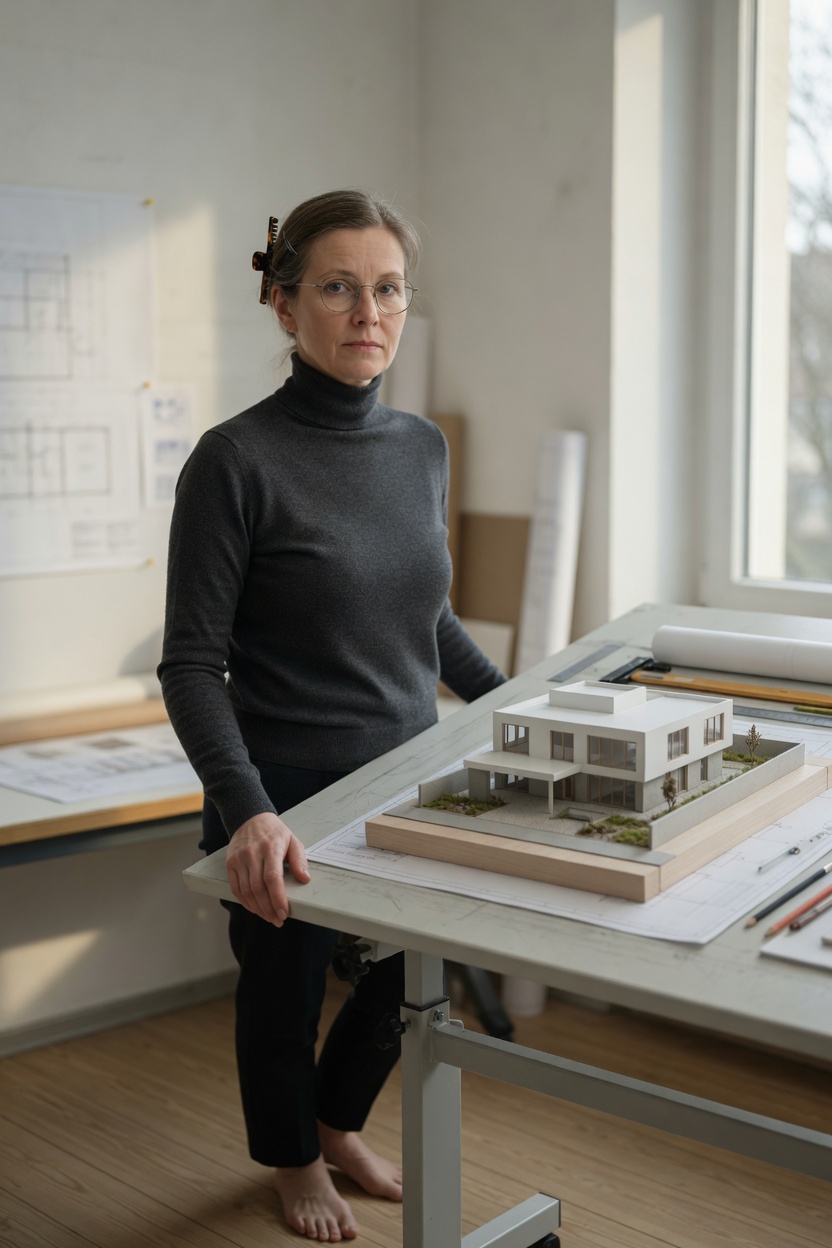 Greta in a charcoal turtleneck and thin glasses, barefoot beside an architecture model on a long table.