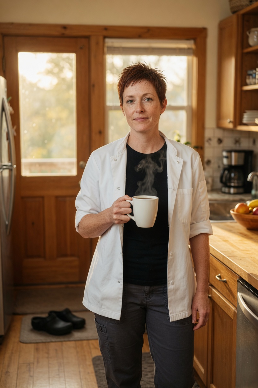 Gretchen in the chef coat open over a black tee, morning kitchen, coffee in her hand, clogs by the door.