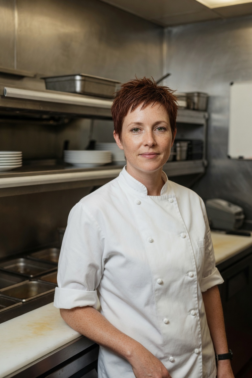 Gretchen with an auburn pixie, plain white chef coat with no lettering, standing at a steel pass after service.