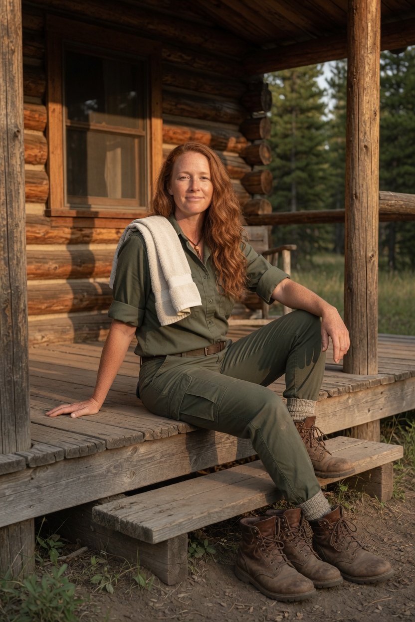 Hannah in the olive shirt, hair down, seated on a cabin porch with a towel over one shoulder, boots by the step.