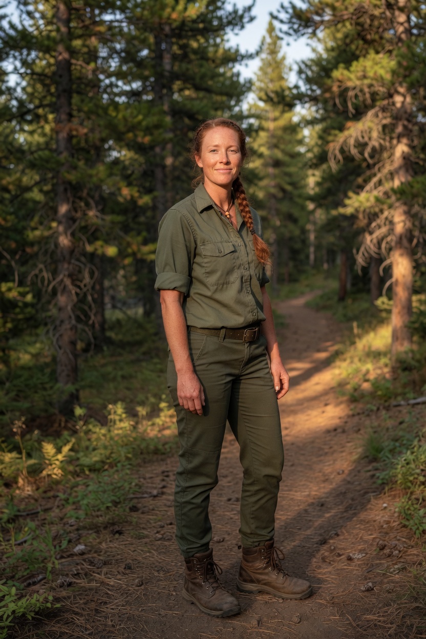 Hannah in an olive field shirt, auburn braid, standing on a pine trail in late light.