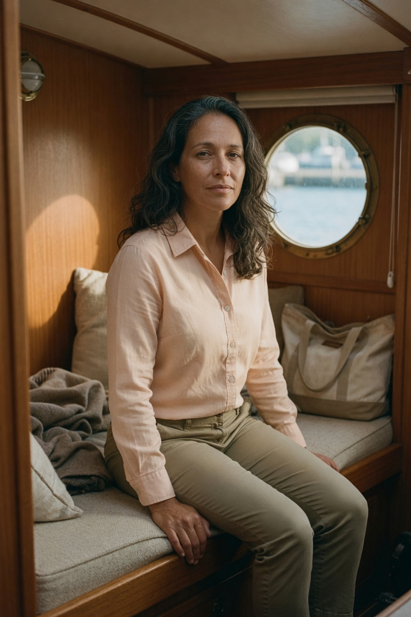 Harbor in a sun shirt, hair down, seated on a bunk below deck, a small porthole, clothes on.