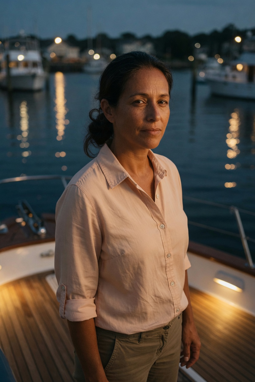 Harbor with tan skin and dark hair in a knot, buttoned sun shirt and khaki pants, standing on a boat deck at night, no boat name.