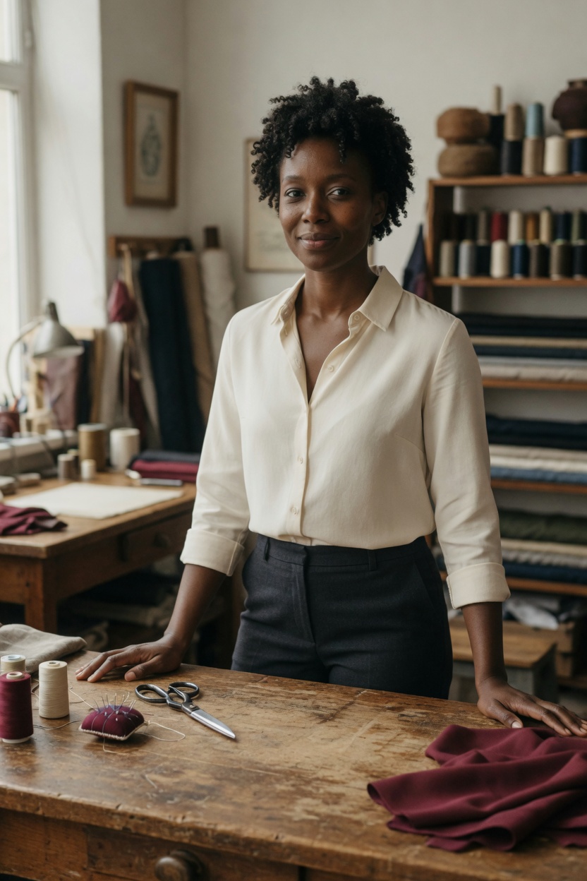 Harlow, an adult woman of 27, brown skin, cropped curls, cream shirt, standing at a cutting table in a small shop, shears set down, no readable labels.