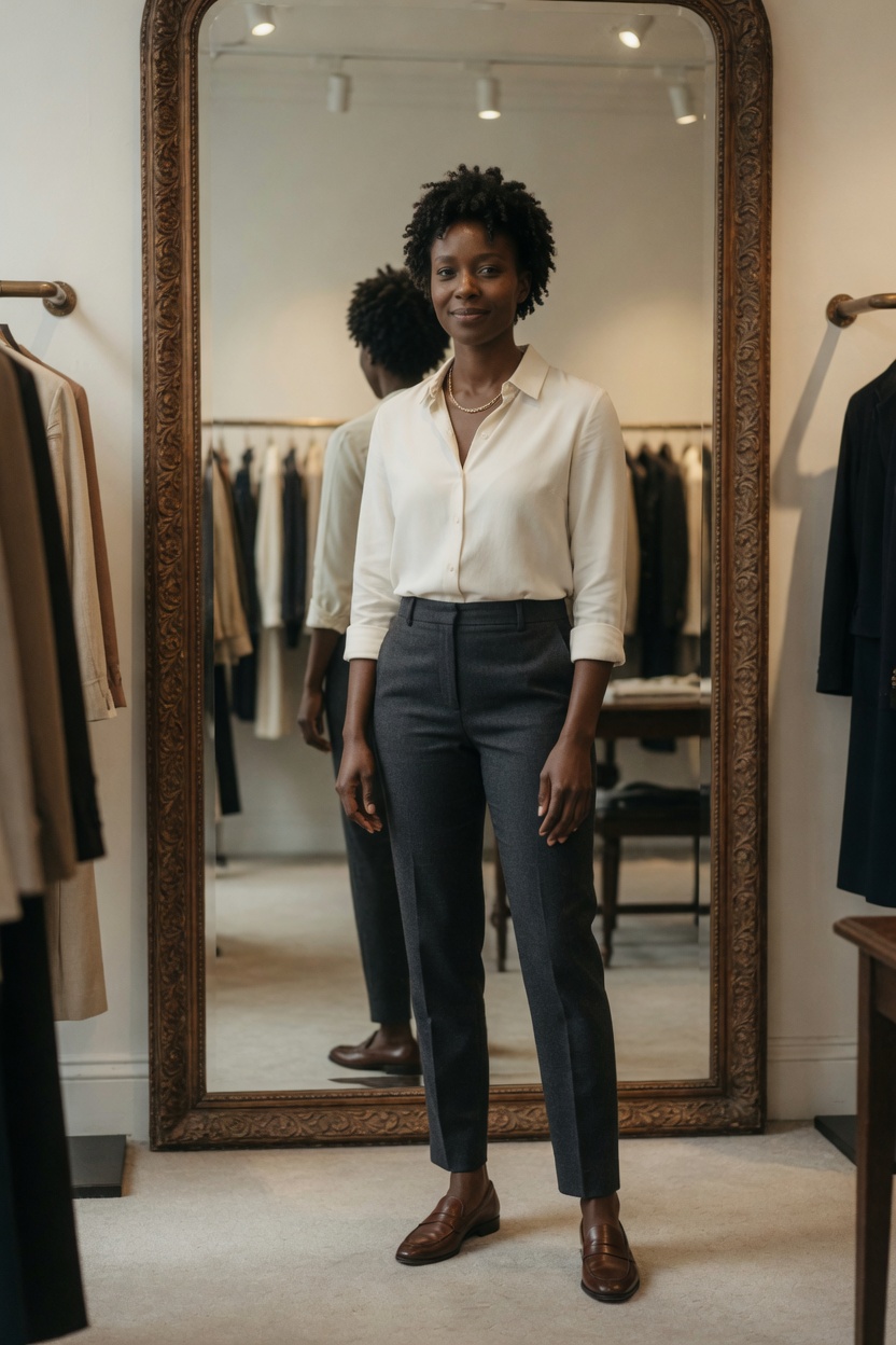 Harlow in a cream shirt, cropped curls, standing in front of a tall shop mirror, fully dressed.