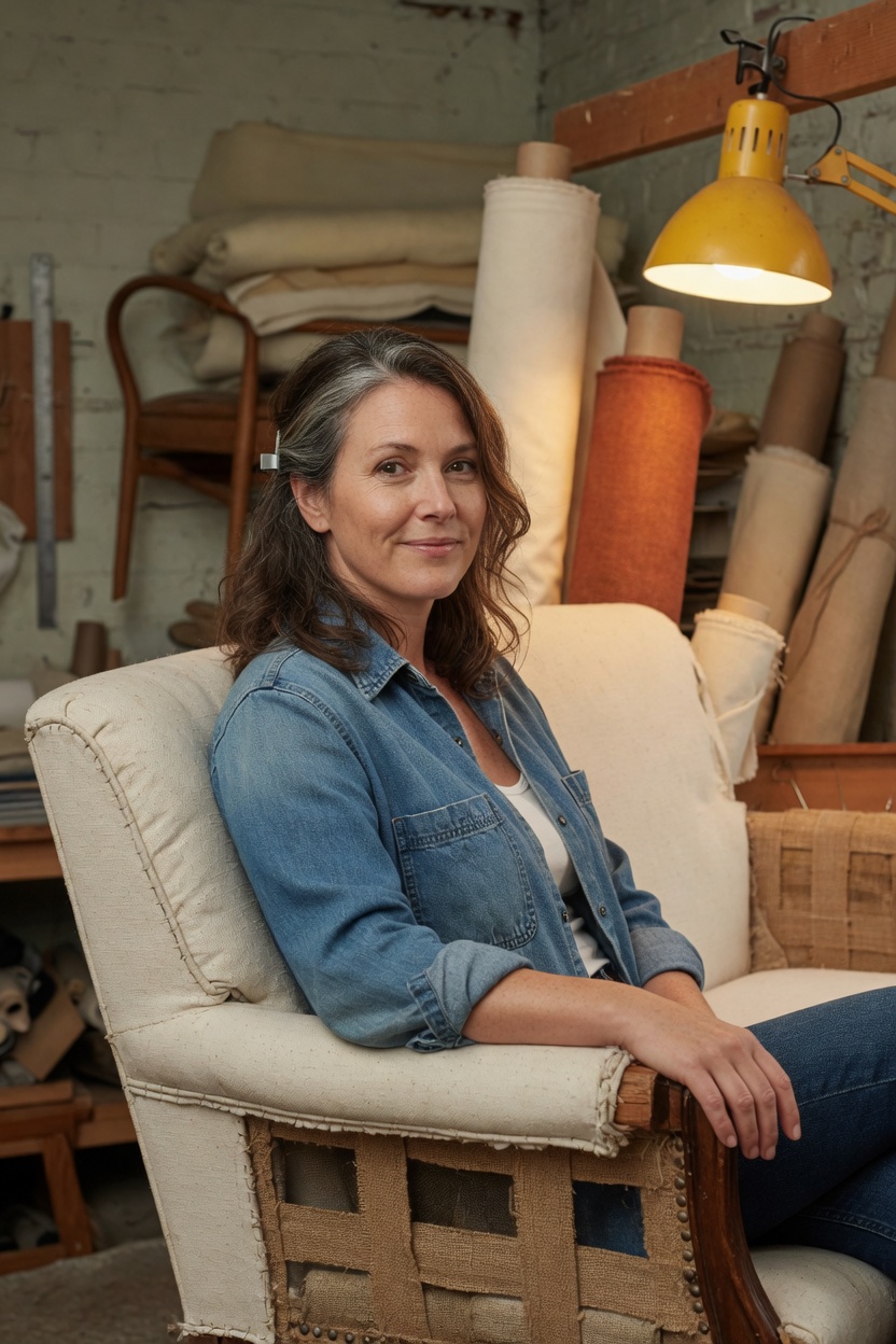 Harriet seated on a half-upholstered sofa in the denim shirt, her hand on the sofa arm, lamp warm, fabric rolls behind her.