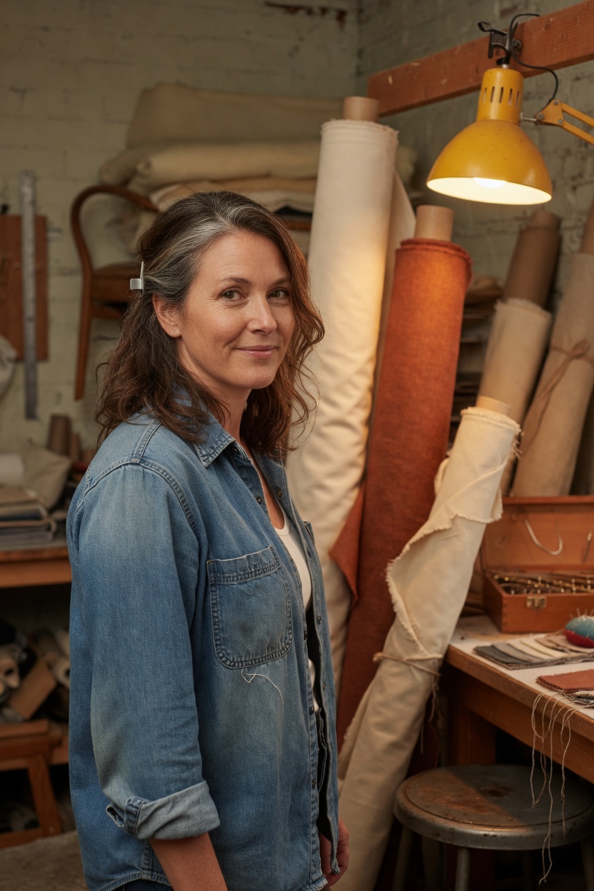 Harriet in a denim shirt, silver at her temples, standing among rolls of plain fabric in a warm workshop.