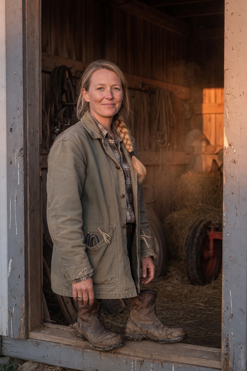 Hattie with a blonde braid, canvas chore coat, standing in a barn doorway, boots muddy, late light.