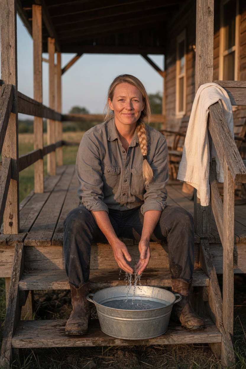 Hattie on a porch, chore coat off, rinsing her hands and one foot in a basin of clean water, towel on the rail.