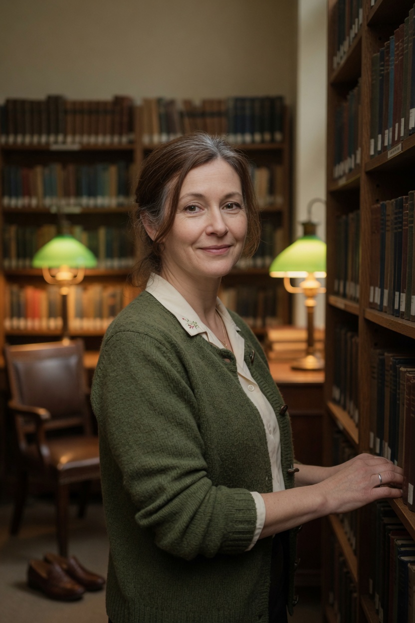Helen in a moss cardigan, chestnut hair with grey, standing in a quiet library after hours, shoes under a chair.