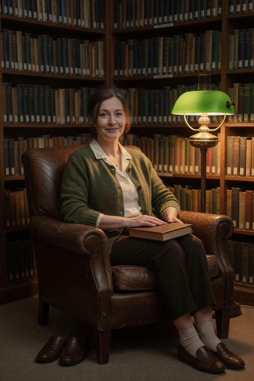 Helen in an armchair with the moss cardigan, a closed book in her lap, lamp on, shoes beside the chair.