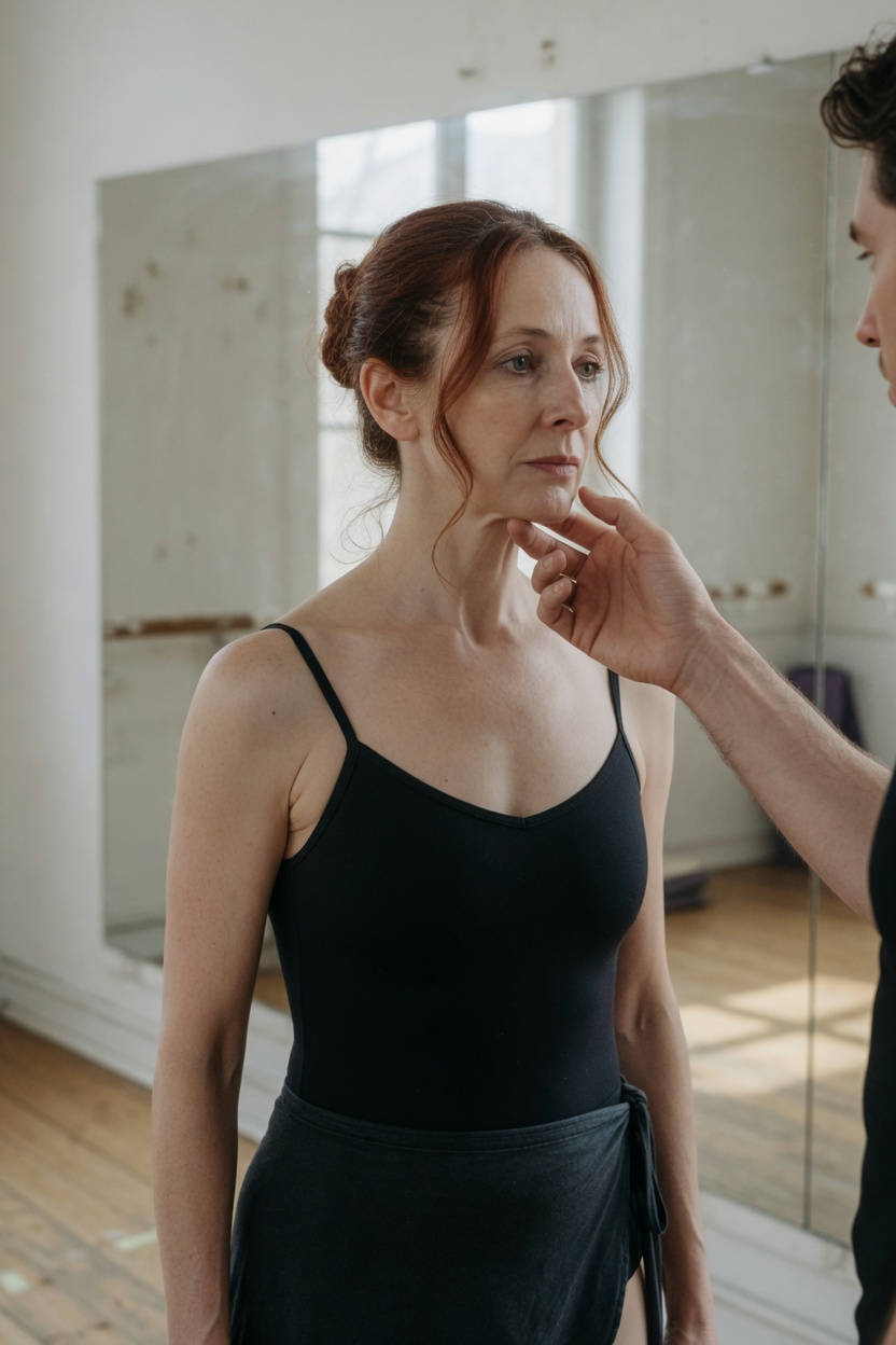 the studio mirror, my hair coming out of the bun, his hand under my jaw, nothing hurried.