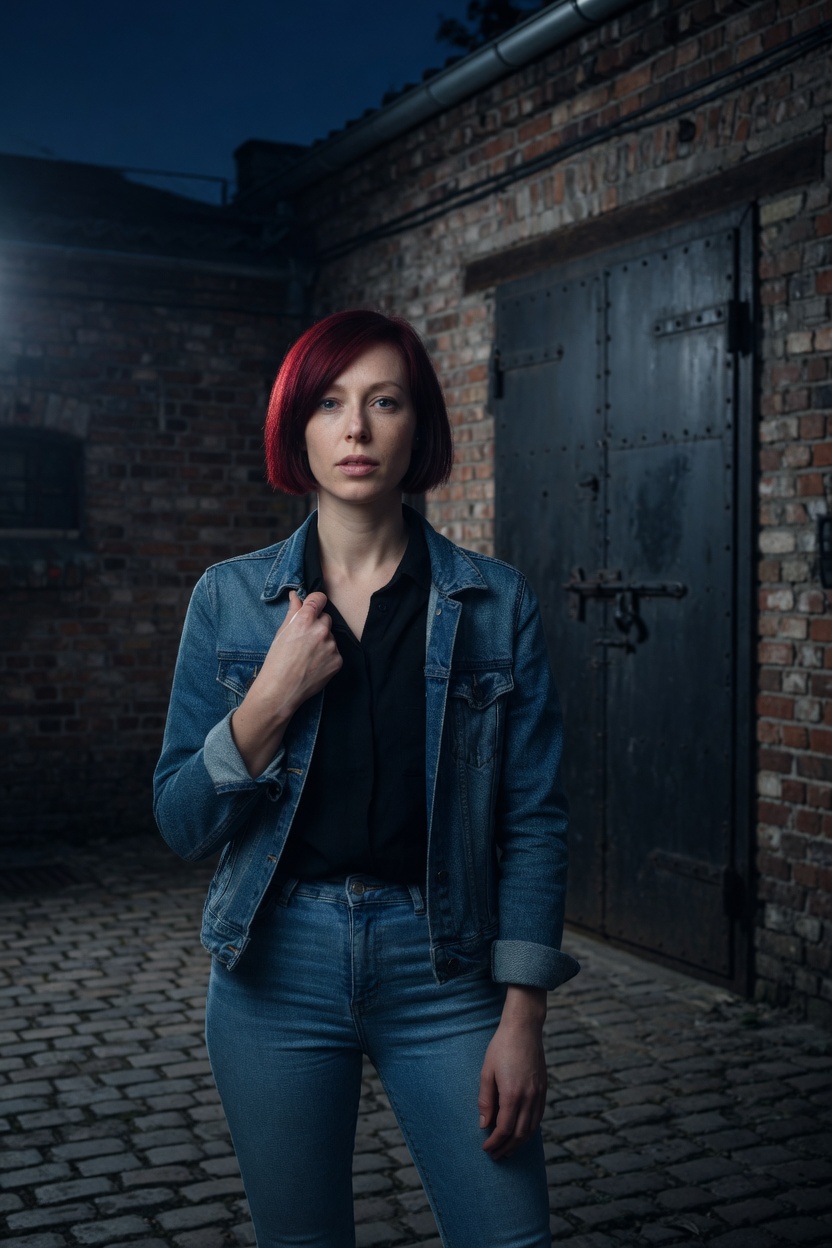Indigo with a dark red bob and pale skin, denim jacket and jeans, standing in a brick courtyard at night beside a studio door.