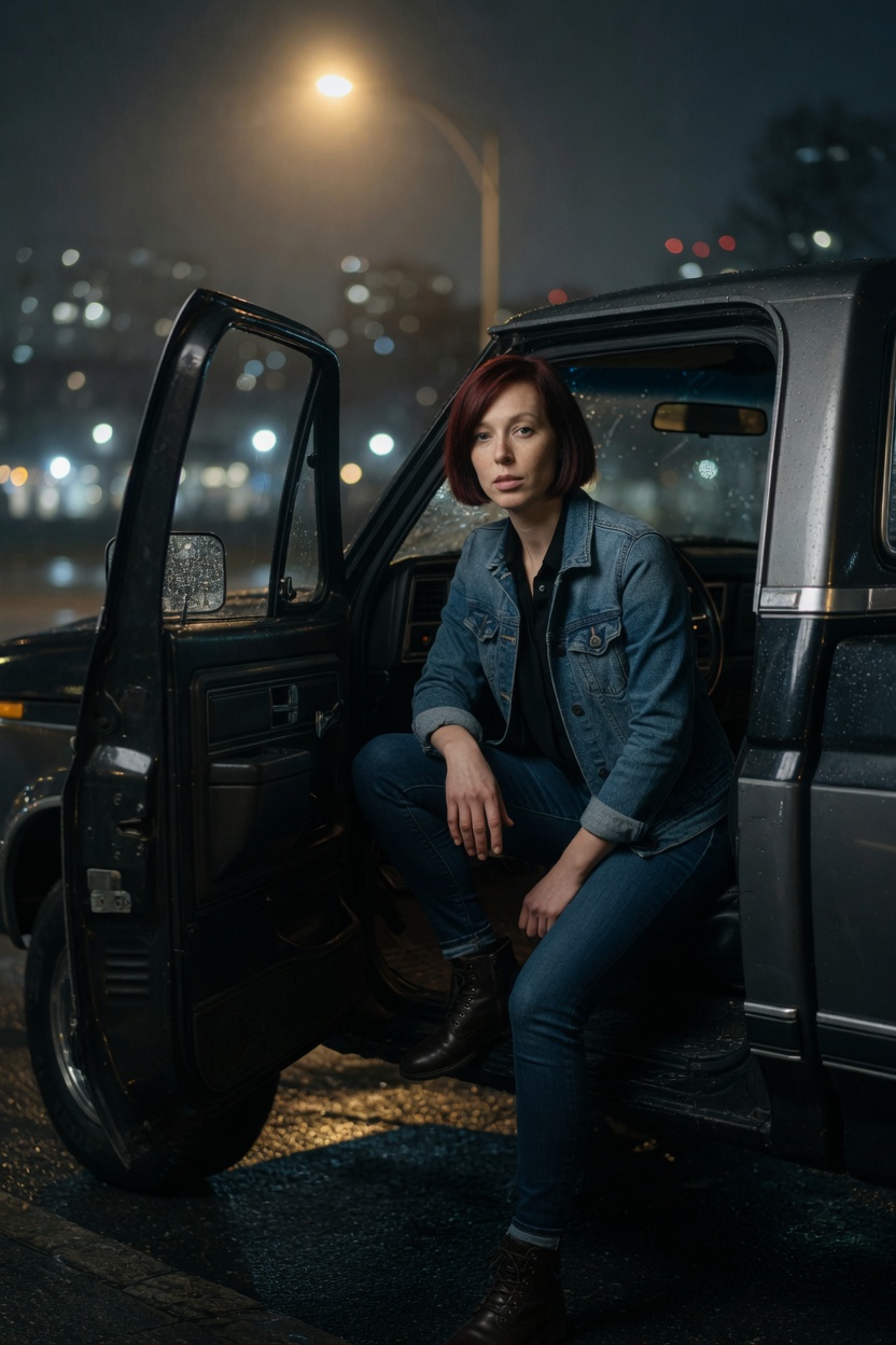 Indigo in a denim jacket and black shirt, red bob, seated in the open door of a pickup truck at night.