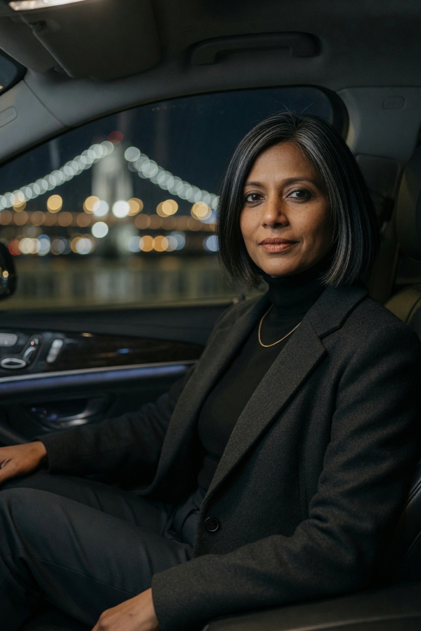 Indra in a charcoal coat, bob neat, seated in the passenger seat of a car, bridge lights through the window.