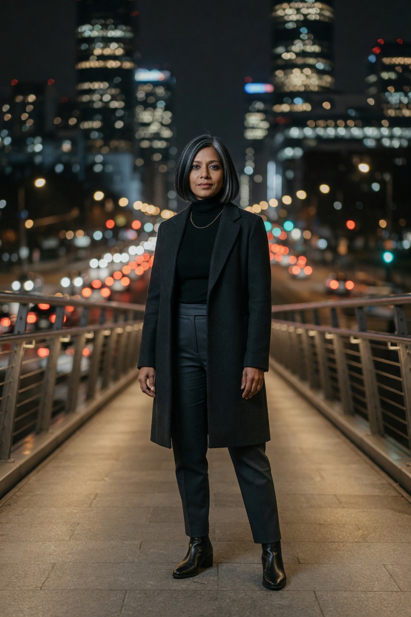 Indra with a silver-streaked bob, charcoal coat, standing on an empty pedestrian bridge at night, city lights.