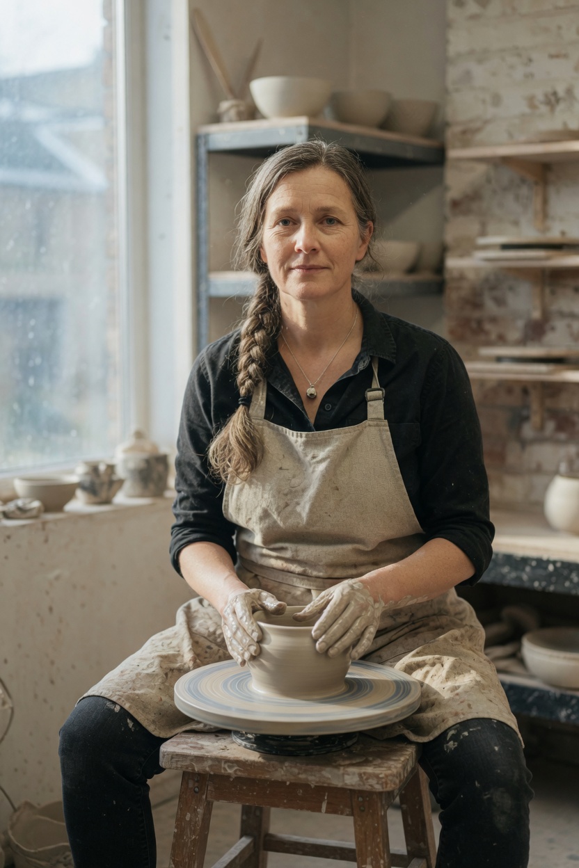 Ingrid at the wheel in the apron, hands wet with clay, braid over one shoulder, stool under her.