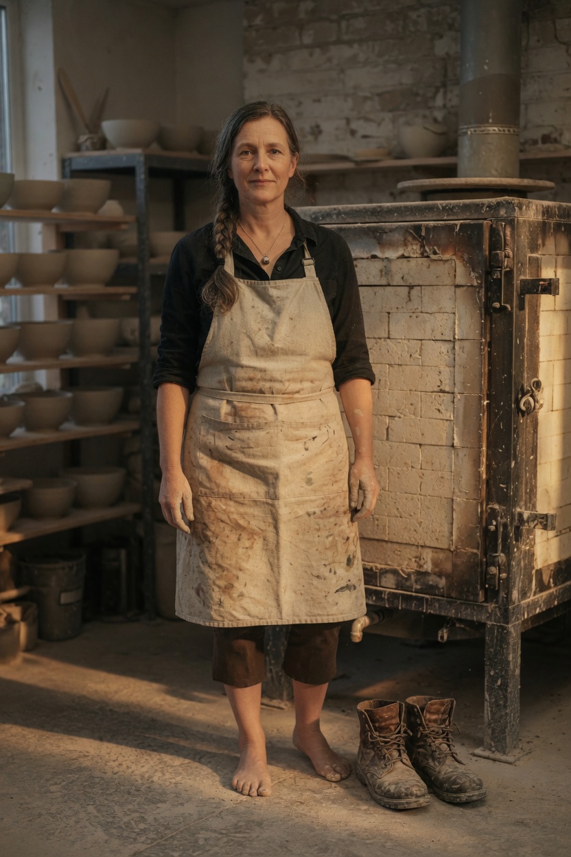 Ingrid in a clay-stained apron, grey-brown braid, standing by a kiln, boots beside her bare feet.
