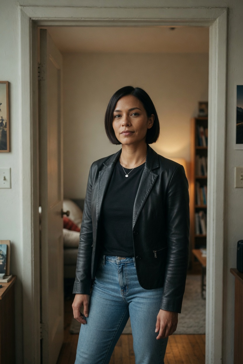 Io, an adult woman of 25, short dark bob, leather jacket, standing in the doorway of a small apartment.
