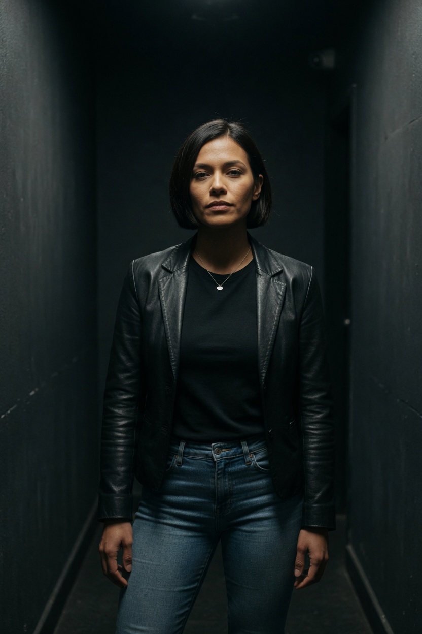 Io in a leather jacket and jeans, bob neat, standing in a dim club hallway, no readable signs.